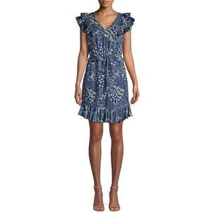 Rebecca Taylor Ava Ruffle Silk Dress Floral V-neck Wedding Guest Blue Size 6 S/M